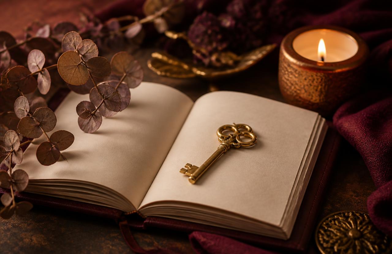 A golden key resting on an open journal beside a candle
