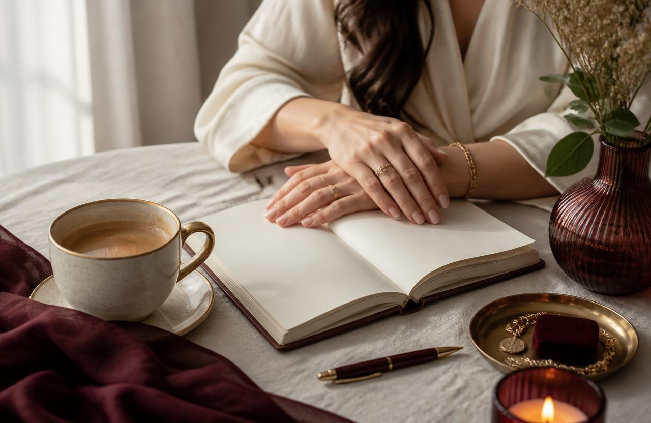 Hands resting on an open journal beside a warm cup of coffee